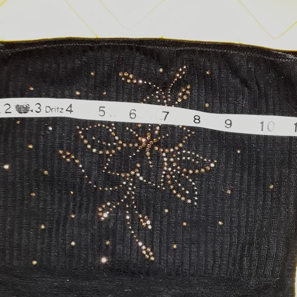 SZ SM Black Ribbed Knit Bronze Gold Beaded Flower Design Bandeau Strapless Top - Picture 4 of 5